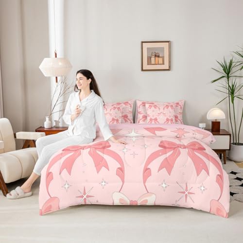 Image of Kawaii Bow Full Size Bed Sheets and Comforter Set | Princess Bow 7 Piece Bedding Set Dreamy Ribbon Bowknot Bed in a Bag, Stars Watercolor Room Decor,Pink Bow Decor