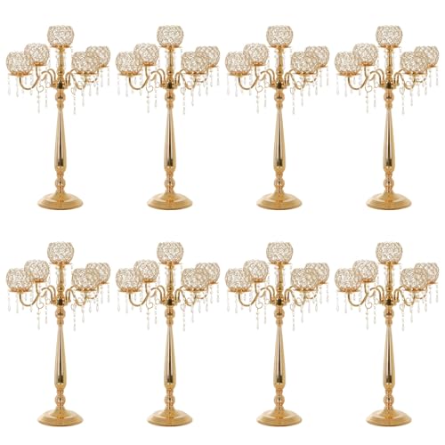 8Pack Gold Candelabra Centerpiece for Wedding,5 Arm Crystal Floor Candlestick Holders for Table Crystal Candelabra Candle Holder for Party,Birthday, Palace Themed Centerpieces