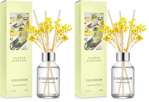 Image of COCODOR Flower Reed Diffuser Set / 3.4oz / Lemon Eucalyptus /Scent Diffuser with Sticks Home Fragrance Reed Diffuser for Bathroom Shelf Decor (Pack of 2)
