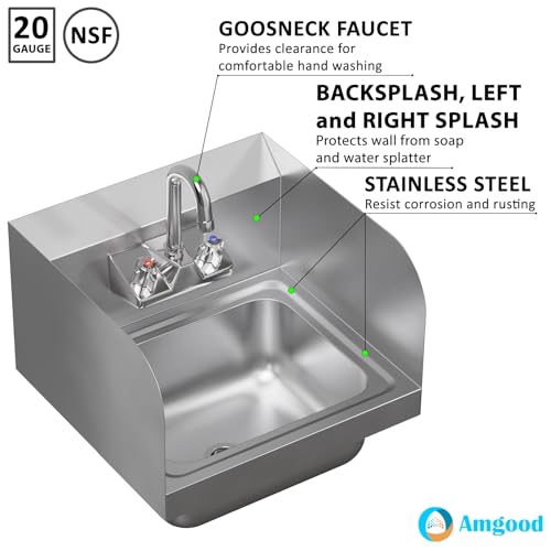 Image of 15 in. x 15 3 /4 in. NSF Certified Stainless Steel Hand Sink with Side Splash Guards- Commercial Wall Mount Hand Basin with Faucet. Ideal for Restaurants, Bars, Kitchens, and Stores