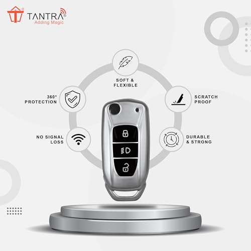 Image of SIAGO TPU Key Cover and Round Keychain Compatible for Tata Nexon | Altroz | Tiago | Punch | Harrier | Safari | Tigor 3 Button Flip Key Cover (Grey)