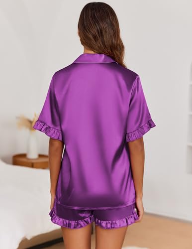 Image of Ekouaer Satin Pajama Set for Women 2 Piece Pj Sets Short Sleeve Sleepwear | Super Soft Silky Summer Loungewear Set with Ruffle Short Sleeve Top and Pocket Shorts, Casual Travel Daily Gift
