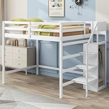 Full Size Loft Bed with Storage Wardrobe and Staircase,Wooden Loft Bed Frame with Safety Guardrail for Kids Teens Adults,BedroomWhite