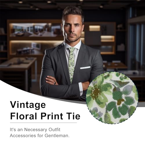 Image of Luckyvestir Ties for Men, Sage Green Cotton Floral Tie 2.76 inch Flower Printed Men's Neckties for Wedding /Groomsmen /Suit /Party