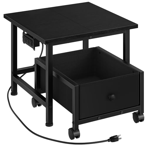HOOBRO Mini Fridge Stand with Storage Basket and Power Outlet, Mini Fridge Cabinet with Wheels and Adjustable Feet, Mobile Fridge Shelf, for Home, Apartment, Office, Dorm, Black BB355UBX01