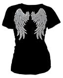 Fashion2ne1 Womens Wide Angel Wings Bling Rhinestones T-Shirt Top, Cute Sexy Graphic Tops Short (US, Alpha, Small, Regular, Regular, Black)
