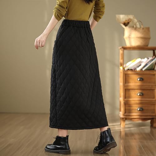 Womens Winter Skirts Elastic Waist Padded A-Line Quilted Midi Long Puffer Insulated Warm Solid Skirt with Pockets4