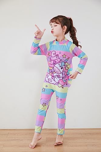 Image of Girls Swimsuits Long Sleeve Rash Guard Swimwear with Matching Cap One-Piece Bathing Suits 2-10 Years