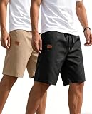 Poplee Mens Casual Shorts 2-Pack Stretch Twill Chino Golf Shorts with 4 Pockets Athletic Cotton Drawstring Summer Beach Shorts for Men Black+Light Khaki-L