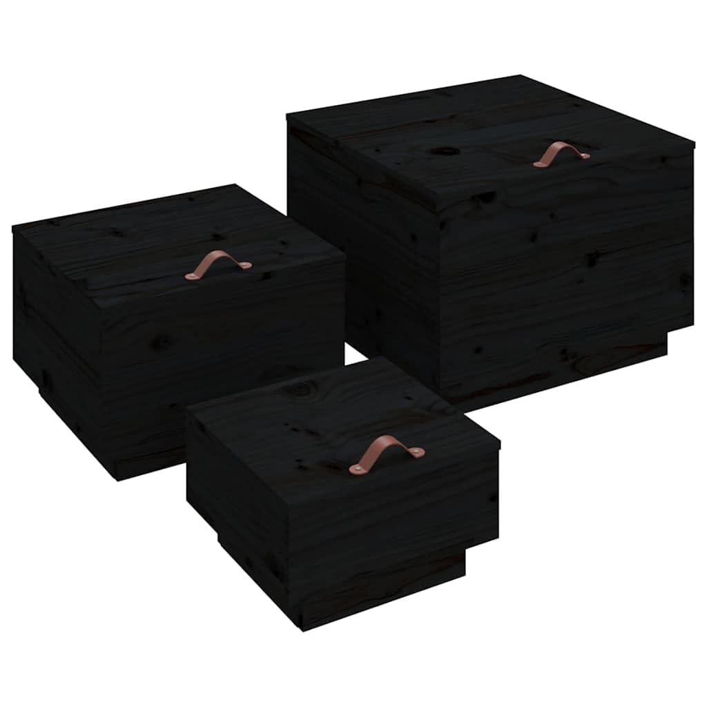 Lot de 3 caisses en bois avec couvercle noir en pin massif
