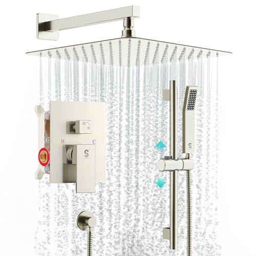 SR SUN RISE Shower System with 10" Rain Showerhead, Square Handheld Showerwith 16-Inch Slide Bar and 71-Inch Hose, Wall Mounted Shower Faucet Set Included Valve and Trim Kit, Brushed Nickel