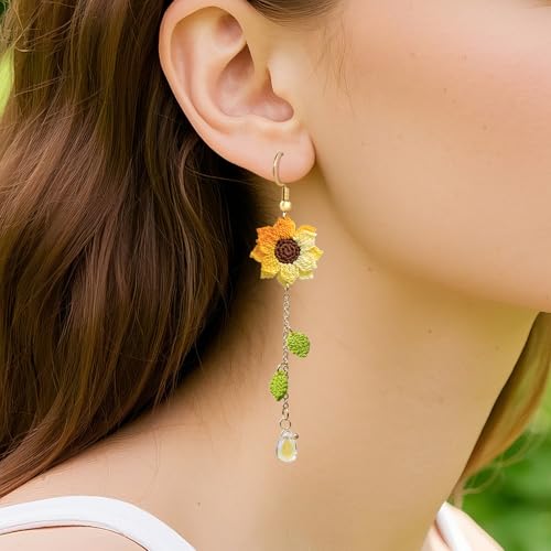 Crochet Sunflower Flower Dangle Earrings for Women Handmade Crochet Flowers Cute Blossom Fairy Dainty Refreshing Floral Long Dangling Earrings for Women Trendy-Summer Boho Beach Jewelry2