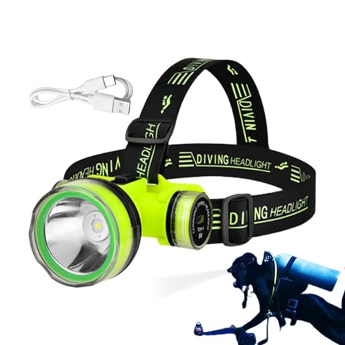 Linterna LED subacuática, faro de buceo recargable, luz frontal impermeable IPX8, luz de buceo recargable por USB, distancia de haz de 350 m, caja de kit de juego | para buceo nocturno, uso de pesca