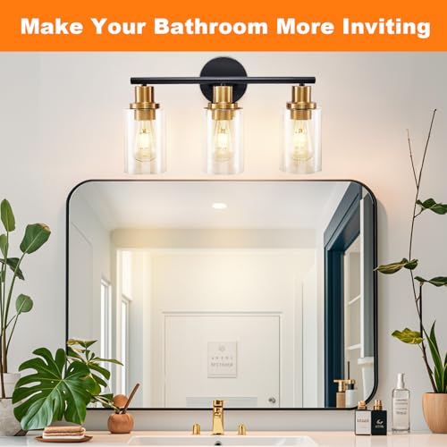 Image of DLLT 3-Light Bathroom Light Fixtures: Black and Gold Modern Vanity Lights with 3 E26 Bulbs - Clear Glass Shade Bathroom Wall Lamp for Mirror Kitchen Living Room Hallway Cabinet Porch