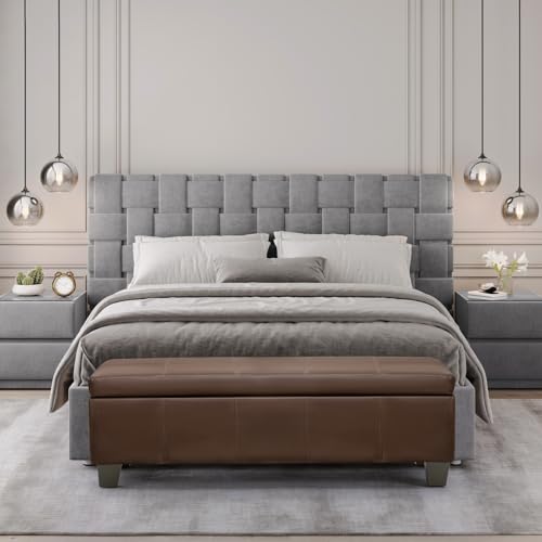 Image of 51 Inch Storage Ottoman, Storage Bench with Safety Hinge, Upholstered Synthetic Leather Ottoman Bench for Bedroom, Living Room, Entryway, Hallway, Foot Rest, Support 500lbs, Brown