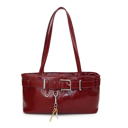 Vintage Y2K Shoulder Bag for Women,Small Belt Buckle Satchel Purse Leather Handbag Clutch Purse, Underarm Tote Handbag for Daily Use - Wine Red
