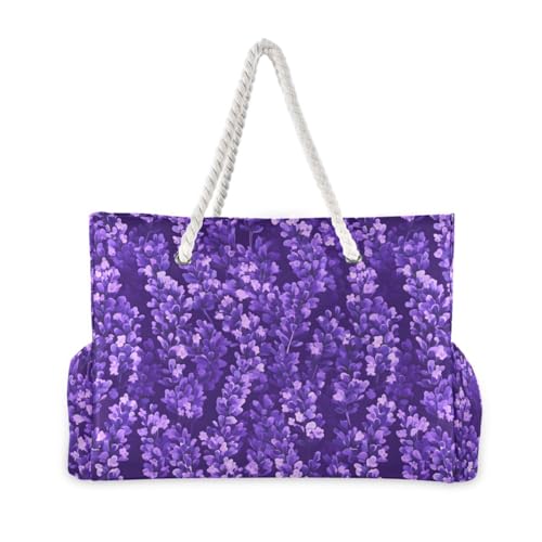 Lavender Flowers on A Purple Beach Bag & Travel Tote Bag Large Sandproof with Zipper Closure, Wet Pouch for Swim Gym Travel, Lightweight Foldable Outdoor Bag2
