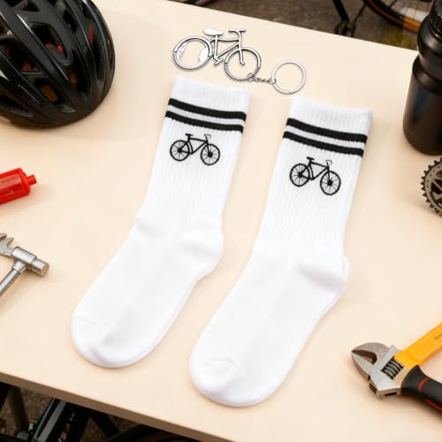 PIujsym Geschenk Fahrradliebhaber Set - Rennrad Socken Mit Fahrrad Motiv, Inkl. Schlüsselanhänger & Geschenktaschen – Lustige Socken, Perfektes Fahrrad Geschenk, Für Sportsocken & Tennissocken