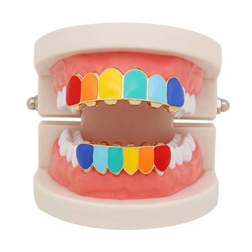 OOCC 18k Gold Rainbow Grillz Vampire Fangs 6 Teeth Top Bottom Set Grills2