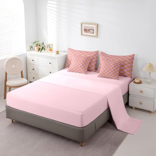 Image of Erosebridal Gaming Plaid King Bed in A Bag 7 Piece Geometric Checkered Comforter Set with Sheets Pink Brown Bedding Sets for Kids Adults,Cute Checkerboard Bed Set