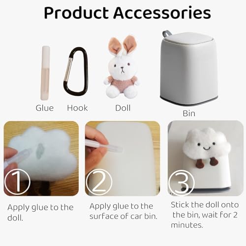 Image of Car Can Garbage Bin Cute Cartoon Style Hanging Car Flip Lid Trash Can Detachable Leak-Proof ABS Material Spaceman Duck Smile Cloud (Fuzzy Rabbit)
