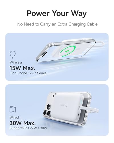 Image of Baseus Magsafe Power Bank, 10,000mAh 30W Magnetic Portable Charger, Fast Charging Wireless Battery Pack with Built-in Braided USB-C Cable for iPhone 17 Pro Max /Air /16 /15 /14 /13, AirPods, iPad and More