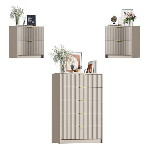 Image of Furniway 3 Piece Bedroom Set, 5 Drawer Dresser and Nightstand Set of 2 with Gold Handles, Modern Wood Chest of Drawers Storage Cabinet for Bedroom, Beige