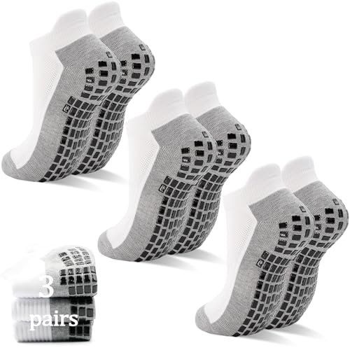 SkiBeaut Men Grips Socks, Ankle Low Cut Non Slip Cushion 3 Pairs Pilates Yoga Hospital Skid Grippers Man Socks(8-12)