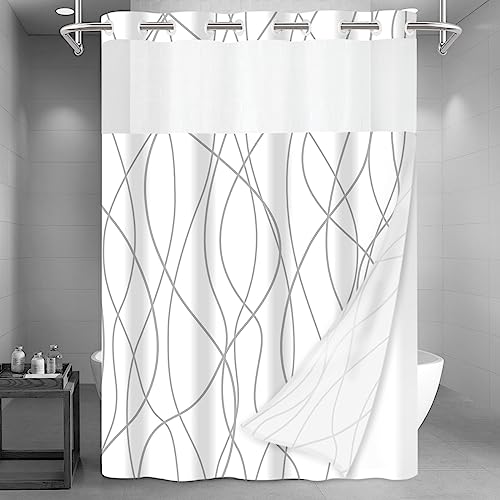 No Hook Grey White Striped Long Shower Curtain with Snap in Liner Set - Hotel Shower Curtain and Liner Set with See Through Mesh Top Window,Machine Washable, 71x86 INCH