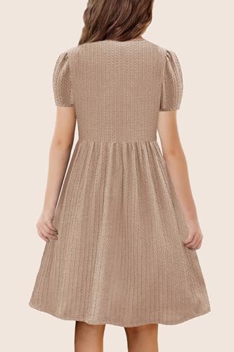 YOVION Girls Summer Dress Crew Neck Puff Sleeve Plain A-Line Casual Knit Dresses with Pockets for 6-12 Y4