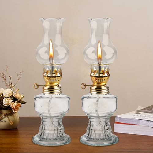 2 Stück Petroleumlampe für Innenräume, Öllampen aus Glas Retro Nostalgie Transparente Einstellbare Helligkeit Winddicht Dekorative Öllampe für Wohnzimmer Esszimmer Notfalleinsatz