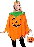 SHIRIA 3PCS Pumpkin Costume for Women Glow in the Dark Pumpkin Poncho Headband Candy Bag, Christmas Costume for Women (One size)