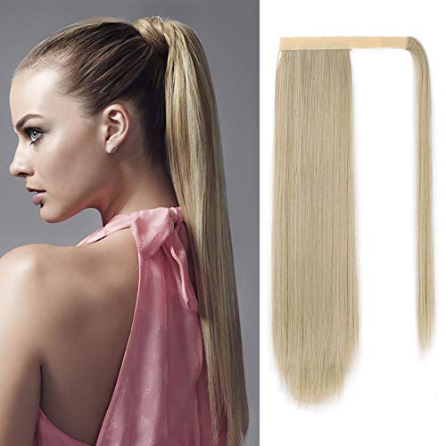 Isaic Long Straight Ponytail Extension Wrap Around Ponytail Clip in Hairpiece 24 Inch Synthetic Hair Extensions for Women (613/623, 150g)