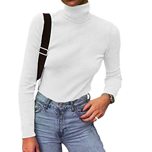 Smile Fish Mujer Neon Manga Larga Strick Rippen Cuello Roll Capa Tops L elástico Camisa Jersey Slim Fit Sweater Blanco M