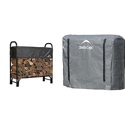 ShelterLogic 4' Adjustable Heavy Duty Outdoor Firewood Rack with Steel Frame Construction and Water-Resistant Cover & Firewood Rack-in-a-Box Universal Full Length Cover for Firewood Storage Racks