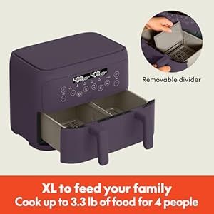 bella 4 Qt TriZone Air Fryer EverGood Ceramic Nonstick Coating Dual Basket Design w Removable Divider Digital Touchscreen Control w 6 Preset Cooking Options 1200 Watt 3lb Capacity Plum