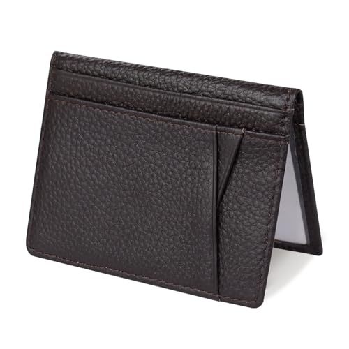 Feelorna Slim Credit Card Holder, Genuine Leather Slim Wallet for Men and Women, Small Credit Card Wallets with 2 ID Window and 8 Card Slots (Dark Brown)