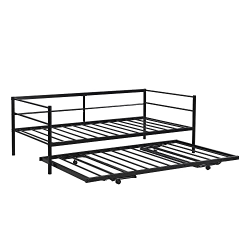 Softsea Metal Daybed With Pop Up Trundle, Twin Daybed With Adjustable Trundle And Lockable Casters For Kids Adults Guests, Heavy Duty Steel Slat Support, No Box Spring Needed (Black) #TOP5