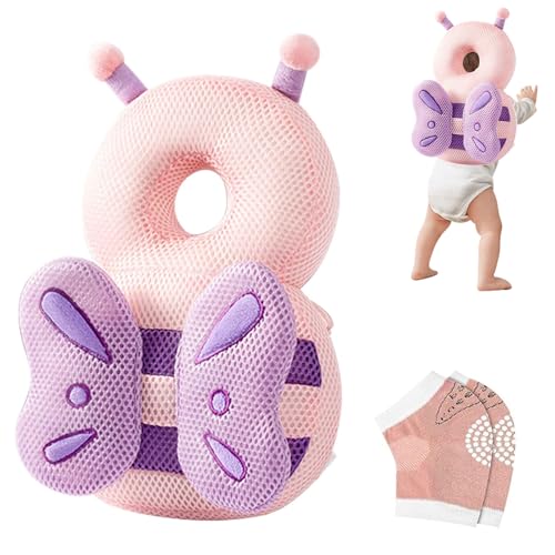 Furforstk protector cabeza bebe con rodilleras casco bebe golpes para niños pequeños que aprenden a gatear y caminar, para niños de 4 a 24 meses,Ajustable, Respirable (Mariposa) El bebé no se resiste