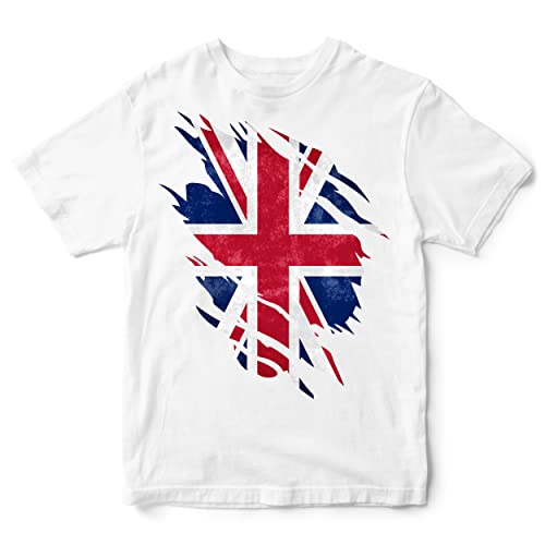 Purple Print House Union Jack Torn Flag T Shirt, Union Jack Gifts for Boys and Girls,Queens Platinum Jubilee, Royal Celebrations, 12-13 Years, White