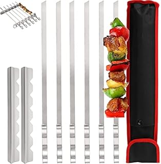 Dicunoy Barbecue Skewer, 43cm Stainless Steel BBQ Metal Shish Kabob Skewers, 0.8cm Width Flat Metal Grilling Skewers Set, Reusable BBQ Sticks (Set of 6 Skewers + 2 Grill Racks + 1 Handy Storage)
