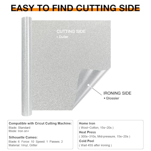 Image of HTVRONT Silver Glitter HTV Heat Transfer Vinyl Rolls - 10 inch x 8ft Silver Glitter HTV Vinyl for Shirts, Glitter Iron on Vinyl for All Cutter Machine - Easy to Cut & Weed for Heat Vinyl Design (Silver)