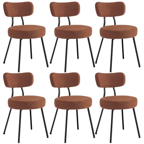 Image of VASAGLE Boucle Dining Chairs Set of 6, Upholstered Kitchen Dining Room Chairs with Curved Backrest and Steel Frame, Modern Mid Century, Round, for Vanity, Living Room, Coffee Brown UKDC110K01-3J