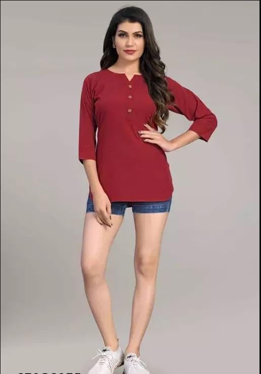Image of Himanshi enterprises Women's Traditional Casual 3 /4 Sleeves Mandarin Nack Rayon Solid Short Kurti