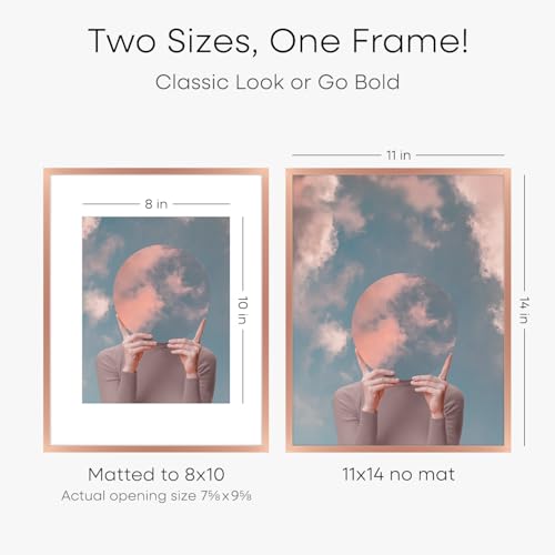 Image of Homeforia 11x14 Picture Frame Rose Gold, High End Metal 11x14 Wall Hanging Frame with Mat 8x10, 11 x 14 Poster Frame Matted to 8 x 10 inch Photo, 11by14 Thin Frames, Tempered Glass, Wall Kit, Set of 1