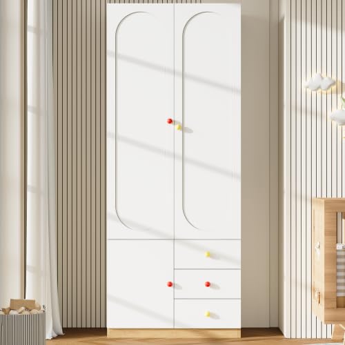 Merax Armadio con cassetti per cameretta dei bambini, bianco, finitura laccata, con asta appendiabiti e manici in ceramica colorata, 80 × 45 × 200 cm, armadio piccolo per vestiti per bambini