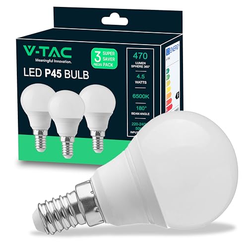 V-TAC 3x Lampadine LED con Attacco E14 4,5W P45-470 Lumen - Lampadina LED Massima Efficienza e Risparmio Energetico - Luce 6500K Bianca Fredda (Box 3 Pezzi)