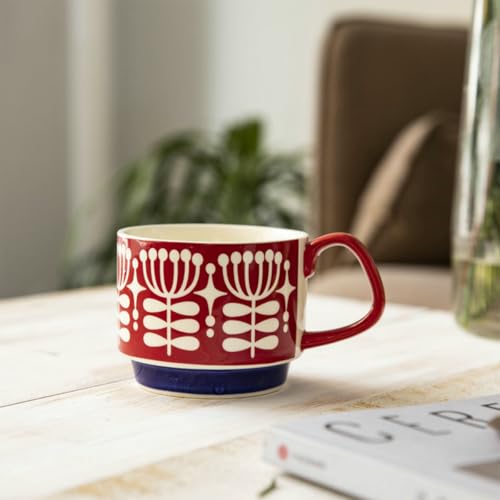 Image of Spooky Japanese Retro Ceramic Coffee Mug - 300ml Printed Stackable Cup with Handle - Creative Ins-Style Ear-Hanging Design for Milk, Tea & Espresso - Ideal Gift for Couples, Home or Cafe (Full Red)