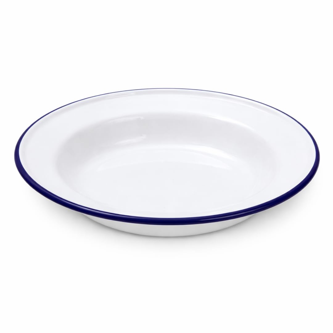 Premium Quality Traditional Enamel White Blue Trim Soup Plate 22cm, Round Deep Dish Tableware, Heavy Gauge Steel with Porcelain Fused Enamel Coating, Dishwasher/Microwave/Freezer Safe