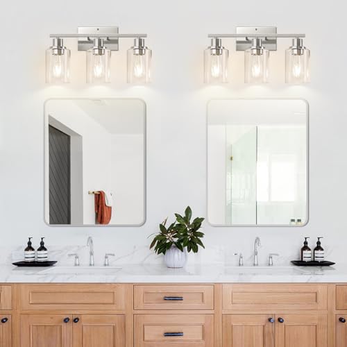 Image of Indoi 3-Light Bathroom Light Fixtures, Brushed Nickel Modern Vanity Lights with Clear Glass Shades, Bathroom Wall Lamp for Mirror Living Room Cabinet Bedroom Porch
